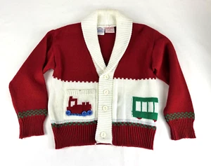 Vagones de tren con motor de tren suéter rojo tejido para niños. Tejido acrílico talla 4T - Imagen 1 de 6