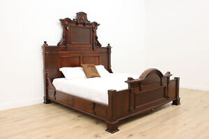 Victorian Eastlake Antique Carved Walnut & Burl King Bed #33955