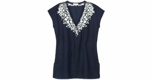 Tunica ricamata Tory Burch Issy blu navy e bianca usata in ottime condizioni $295 taglia