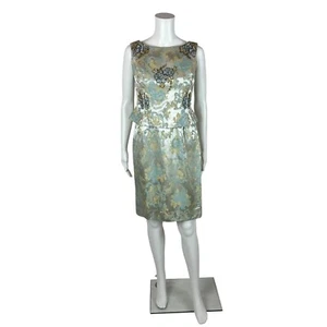 Vintage 50s Dress Set Women's Extra Small Floral Brocade Blue Sequin Outfit - Picture 1 of 14