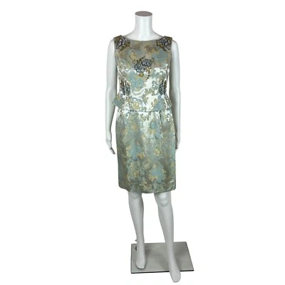 Vintage 50s Dress Set Women's Extra Small Floral Brocade Blue Sequin Outfit - Image 1 of 4