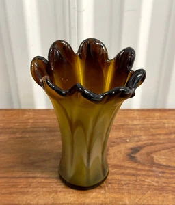 Vase 60er Jahre Murano Creme & Bernstein gewelltes Glas - Bild 1 von 7