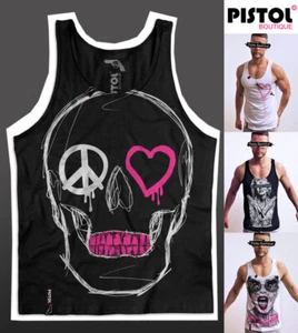 Pistol Boutique Men's Black SKETCH SKULL HEART PEACE LOGOS Vest Top Singlet Tank - Picture 1 of 13
