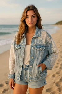 VTG Distressed Denim Jacket Lace Inserts Boho Shabby Chic Women's Free Size - Picture 1 of 18
