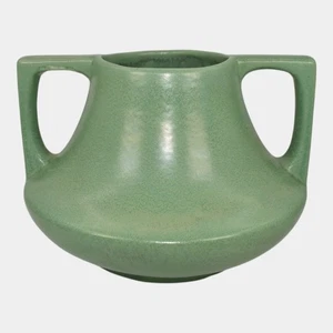 Haeger 1920s Art Pottery Geranium Leaf Frosted Matte Green Handled Vase - Picture 1 of 6