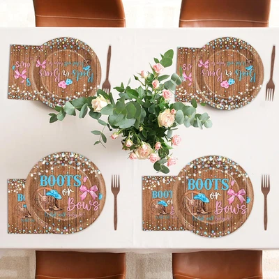 96Pcs Boots or Bows Gender Reveal Decorations Boy or Girl Paper Plates Napkin... - Image 1 of 4