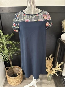 AGB Size 10 Navy Shift Dress Multicolor Floral Embroidery Mesh Knee Length - Picture 1 of 6