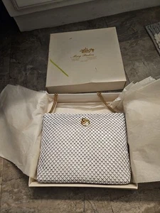 Vintage White Metal Mesh Purse Gold Accents & Chain, Still NEW In Box! - Picture 1 of 6