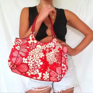ISABELLA FIORE HANDBAG RED AND PINK BEAD STICH-WORK Y2K FLORAL LEATHER - Picture 1 of 7