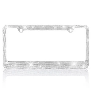 Stainless-Steel Metal Silver Crystal Bling License Plate Frame Universal Fit - Picture 1 of 4