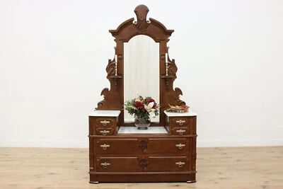 Cómoda o cofre victoriano antiguo de mármol de nogal, espejo #52522 Foto 1 de 4