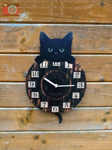 KITTEN TICKIN' BLACK CAT SWINGING TAIL PENDULUM WALL CLOCK. Boxed, New - Picture 1 of 11