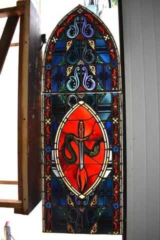 Older 4 Panel Stained Glass Church Window,  'Expulsion' Snake (CU28) chalice co Cover