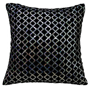 ms01a Black Shimmer Silver Starlight Sequin Checked Decorative Cushion Cover