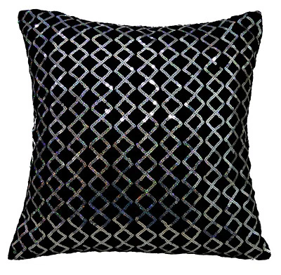 ms01a Black Shimmer Silver Starlight Sequin Checked Decorative Cushion Cover - Image 1 of 4
