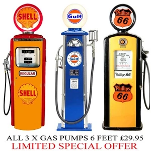 3X 6 FT LIFESIZE VINTAGE SHELL GULF ROUTE 66 GAS PUMPS WHITE BACK CANVAS POSTERS - Picture 1 of 1