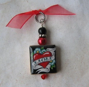Mom Tattoo Art Pendant Charm Heart Goth Red Black VTG Altered Art Flowers Mother - Picture 1 of 1