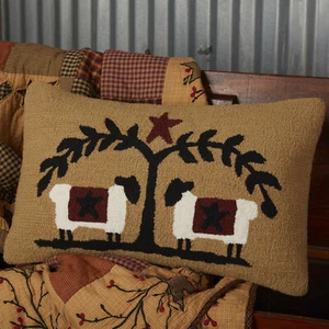 VHC Brands Primitive 14"x22" Sheep Star Hooked Pillow Tan Heritage Bedroom Decor - Picture 1 of 7