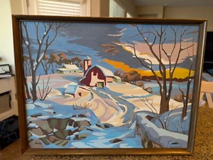 Mid Century Winter Barn Scene Paint by Numbers Oil Painting in Frame Vintage MCM - Picture 1 of 6