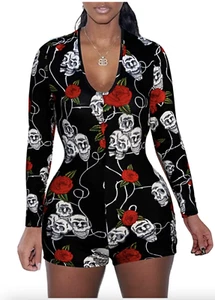 Comulish Women's Sexy Deep V Neck Shorts Jumpsuit Long Sleeve Bodysuit, S - Picture 1 of 5