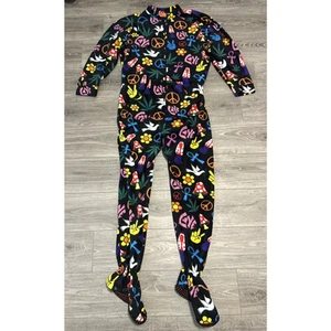 Adult One Piece Zip Jumpsuit Costume - Peace Love Design, Large with Footies - Picture 1 of 5