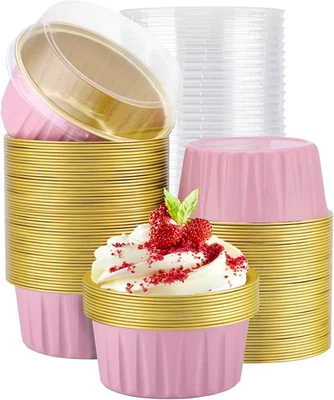 EUSOAR 杯子蛋糕衬里,100 件 5 盎司奶油 Brulee Ramekins 100 件,粉色/金色  — 第 1/4 张图片
