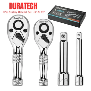 DuraTech Stubby Ratchet Set 4PC 1/4" & 3/8" 72T + 2 Extension Bars Chrome Finish - Picture 1 of 8