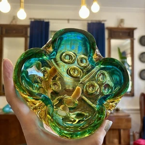 Vintage Murano Art Glass Bowl Green Amber Optic Dimple Sculptural Midcentury 6” - Picture 1 of 8