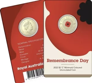 Australian Two $2 Dollar Coin on Card - 2022 RED POPPY Remembrance Day - UNC - Foto 1 di 7