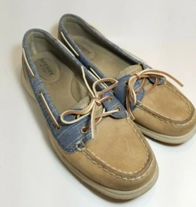 Sperry Top Sider Women's 8 Medium Laguna Blue Linen Brown Leather Boat Shoes - Picture 1 of 7