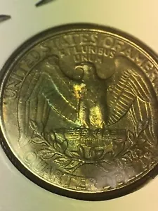 1998-P Quarter toning On Reverse Green To Blue And Yellow Gold - Picture 1 of 7