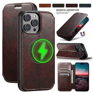 Magnetic Mag Safe Case For iPhone 15 Pro Max 14 13 12 Leather Card Wallet Cover