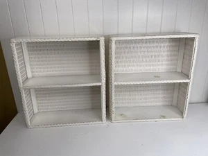 Set Of 2 Vtg Hanging Wall Wicker Bathroom Organizer Shelves White MCM 17.5x15.5” - Picture 1 of 15