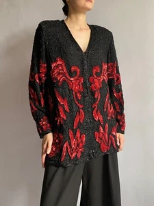 Blazer vintage Frank Usher blazer paillettes perline seta anni 80 taglia M - Foto 1 di 6