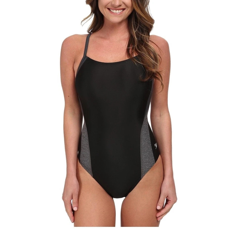 Traje de baño SPEEDO Relanzamiento Empalme Fly Back Mujer Una pieza Negro Gris Talla 30 Foto 1 de 4