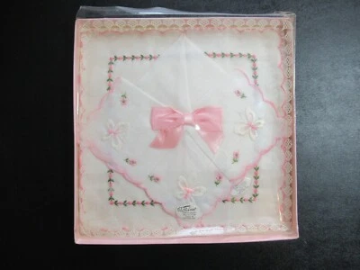 Unused Burmel Embroidered Butterfly Pink Bow Cotton Handkerchief Switzerland NOS - Image 1 of 4