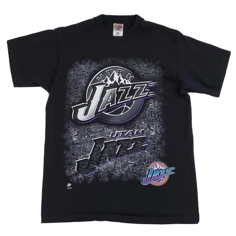 Vintage Utah Jazz (Mens Medium) T-Shirt NBA Spellout 90s Single Stitch USA Black Cover