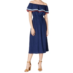 Maison Jules Fiesta Off Shoulder Midi Dress XL Women Blue Red Polka Dot Nautical - Picture 1 of 13