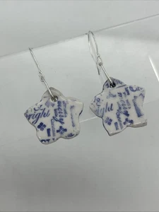 Pendientes de porcelana de plata 925 hechos a mano gancho estrella azul blanco artesanal Navidad - Imagen 1 de 10