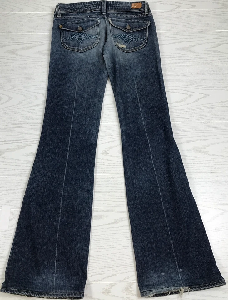 Paige Pico Jeans Womens 27 Bootcut Blue Embroidered Button Flap Pockets Distress - Image 1 of 4
