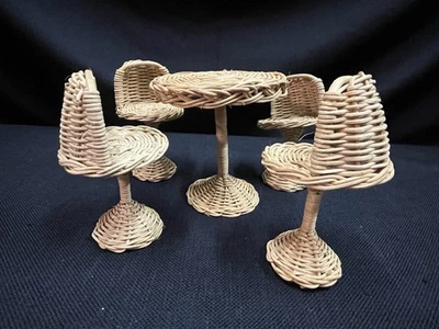 VTG 5-piece Barbie Doll Patio Wicker Furniture Set; 4 chairs and Hi-Top Table - Image 1 of 4