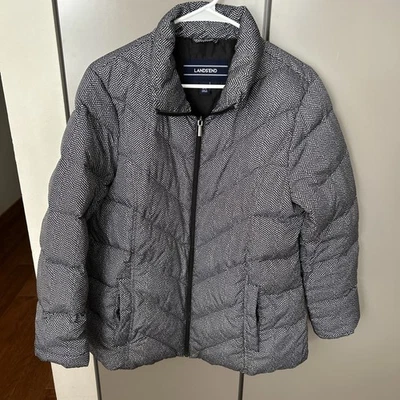 Lands End Womens Down Jacket Puffer Black Herringbone Medium New Tags - Image 1 of 4