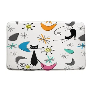 Mid Century Cat Bath Mat Atomic Modern Sputnik Geometric 1950s Black Blue Ora... - Bild 1 von 5