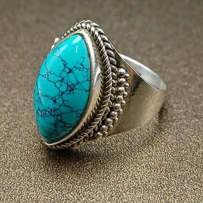 Anillo Plata de Ley 925 Turquesa Artesanal Tailandés Vintage Talla 7.75 Foto 1 de 4