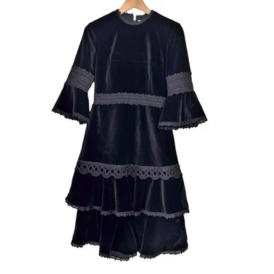 Alice + Olivia Black Velvet Fluted Sleeve Lace Trim Dress Size 6 Party Formal - Image 1 of 4