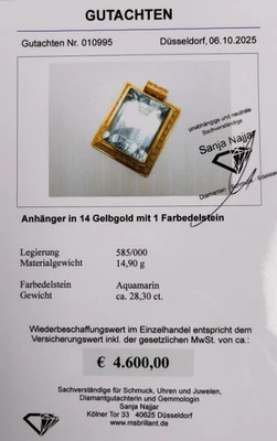 Anhänger Aquamarin 28,3 ct. in einer 585 Goldfassung mit Wertgutachten - Bild 1 von 4