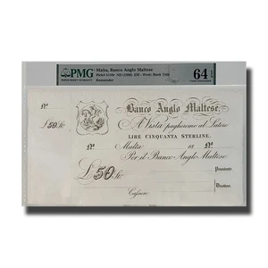 1880 Malta, Banco Anglo Maltese 50 Pounds Pick S116r-PMG64 - Picture 1 of 3