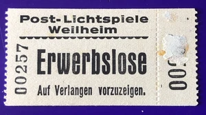 Eintrittskarte Ticket vor 1945 Kino Post-Lichtspiele Weilheim 1943 Erwerbslose - Bild 1 von 2