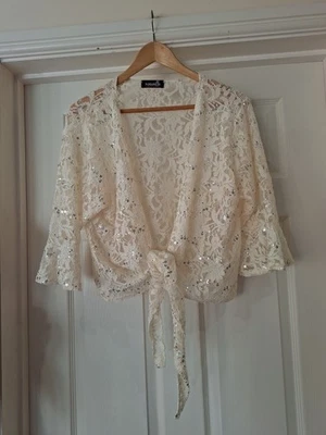 NOUVELLE Ivory White Lace Drape Cardigan  Cover Up Sequins 3/4Sleeve UK Size XL - Image 1 of 4