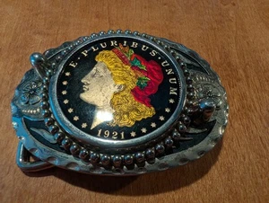 1921 Colorized Morgan Silver Dollar Mounted in a 2 3/4 x 2" Belt Buckle - Picture 1 of 3